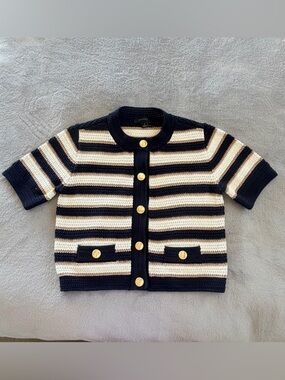 Ann Taylor Navy & Cream Striped Short-Sleeve Knit Cardigan Size S